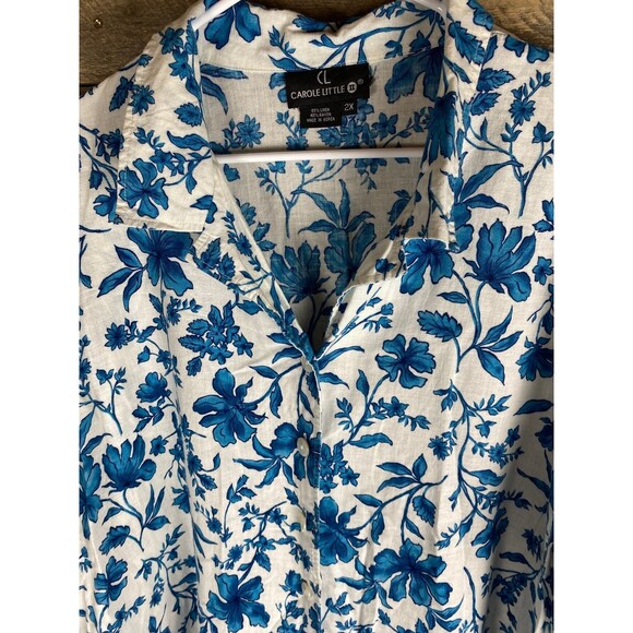 Carole Little Women's Top 2X Blue Floral Linen Rayon Button Front - Picture 3 of 11